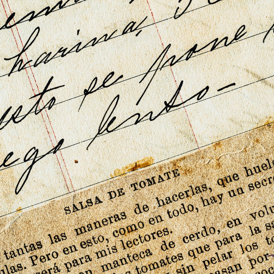 Background themes: Close up of handwriting Spanish calligraphy on aged recipe book sheet